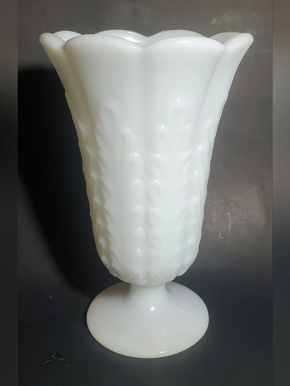 E.O. Brody CO White Milk Glass Scalloped Pedestal Vase Style M5200 Wheat Pattern